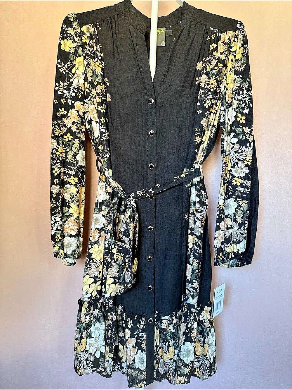 Taylor Women's Floral Print Puff-Sleeve Collared Shirt Dress Black & Yellow Size